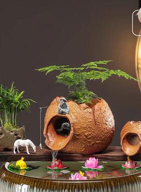 古法养鱼水缸生态循环流水摆件开口陶罐喷泉增氧过滤造景装饰配件