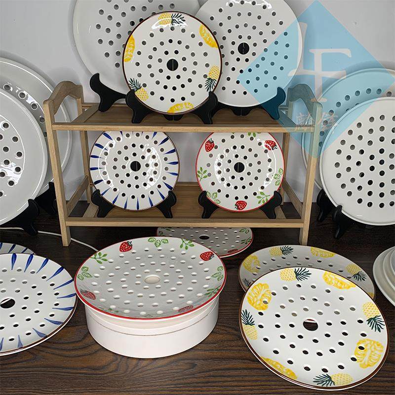 带孔陶瓷盘子 多孔刺身盘蒸水饺盘子创意盘子子蒸气盘 鱼生盘家用