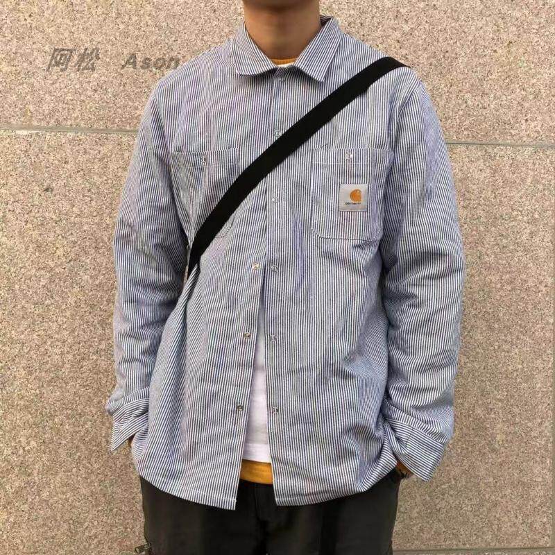 海军风翻领长袖宽松条纹男女衬衫