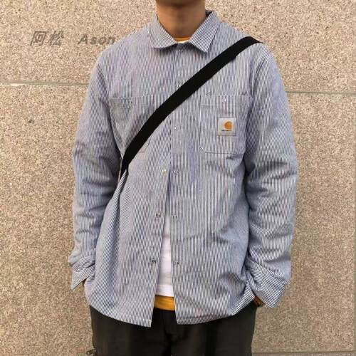 海军风翻领长袖宽松条纹男女衬衫