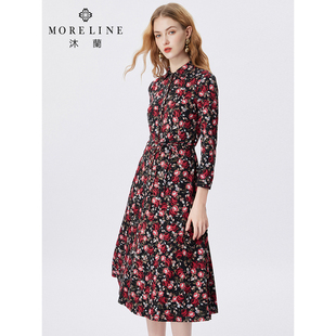 沐兰商场同款2025年春季法式轻奢印花腰带连衣裙衬衫裙中长款