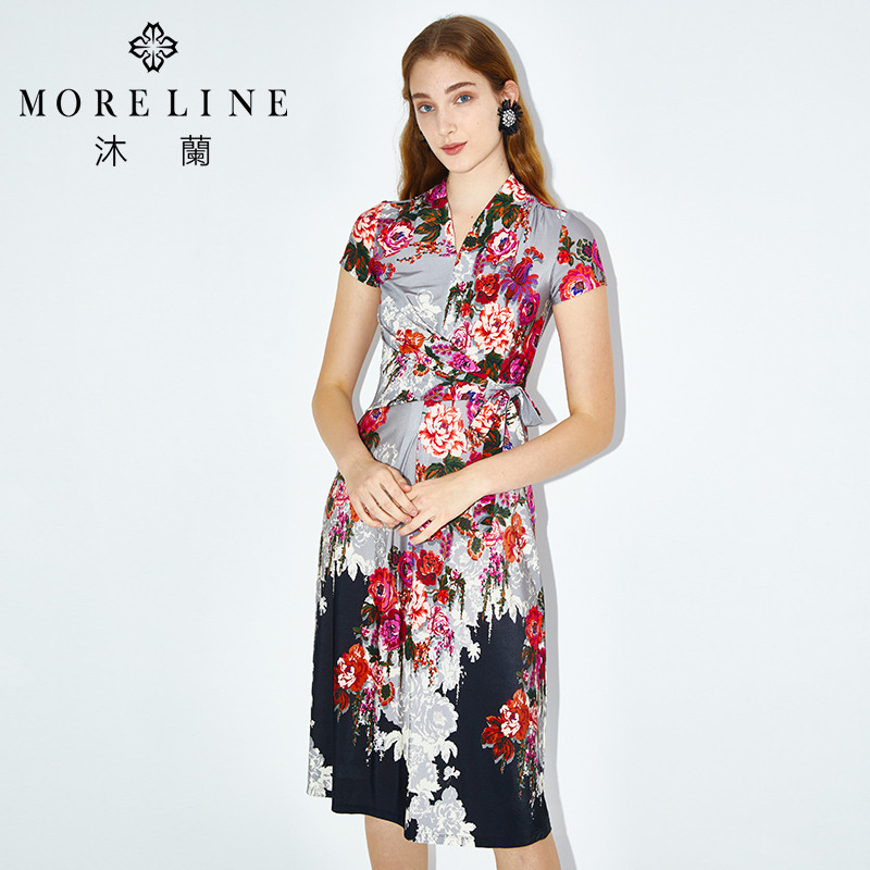 MORELINE商场同款春季法式polo领花朵印花连衣裙女高级感中长裙子