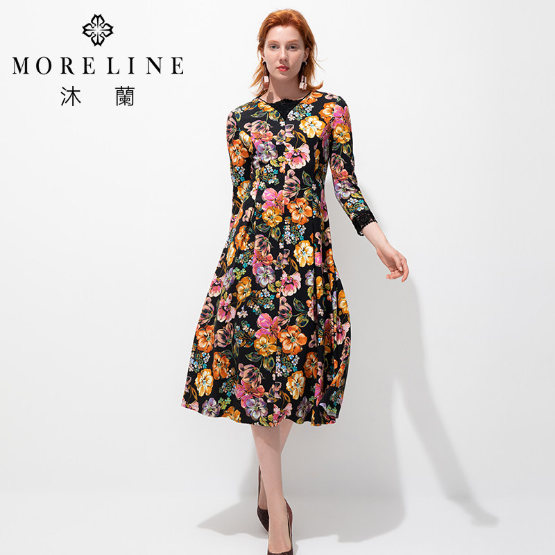 MORELINE商场同款优雅艺术印花长袖连衣裙冬装蕾丝拼接中长裙