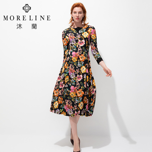 MORELINE商场同款优雅艺术印花长袖连衣裙冬装蕾丝拼接中长裙
