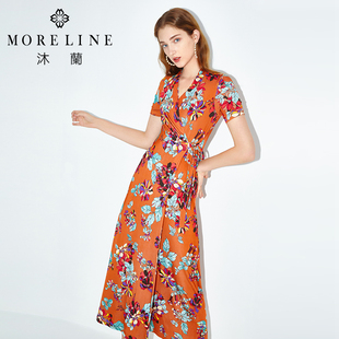 MORELINE商场同款女士艺术印花修身显瘦高端连衣裙中长款