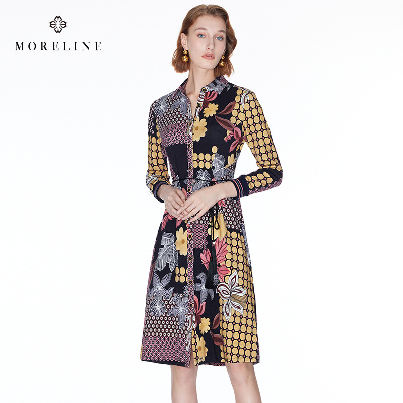 MORELINE沐兰轻奢印花翻领连衣裙秋装修身中长A字衬衫裙