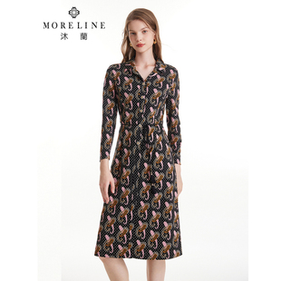 沐兰商场同款法式翻驳领连衣裙女2025年春季印花开襟裙中长款