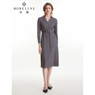 沐兰商场同款2025年春季法式V字翻领设计优雅波点印花连衣裙