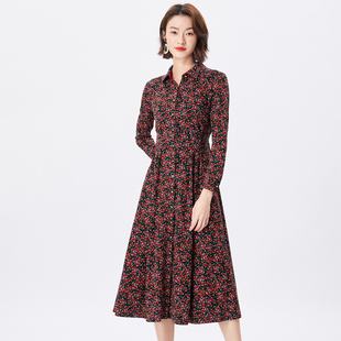 MORELINE商场同款轻奢碎花连衣裙秋装翻领修身抽绳收腰衬衫裙