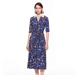 沐兰商场同款法式轻奢印花连衣裙2025年春季翻领五分袖A字裙