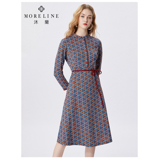MORELINE沐兰2025年春季法式优雅印花连衣裙系绳A字裙中长款