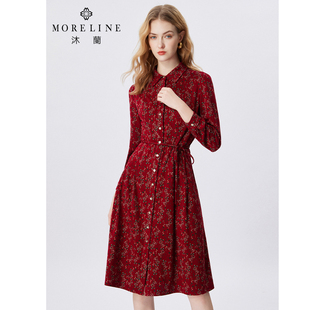 MORELINE沐兰春秋复古碎花衬衫裙系腰修身连衣裙中长款