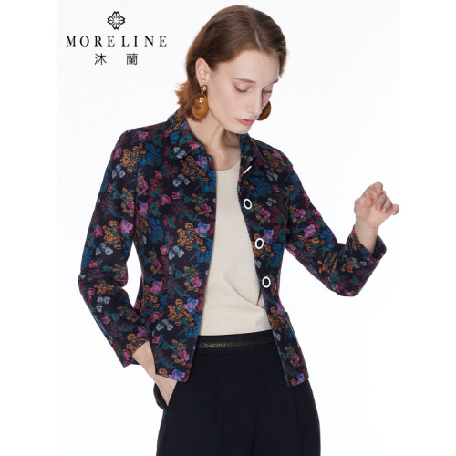 MORELINE沐兰法式优雅翻领西装女春复古印花修身短外套