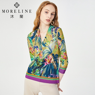 MORELINE商场同款印花t恤女士上衣七分袖v领短款小众别致
