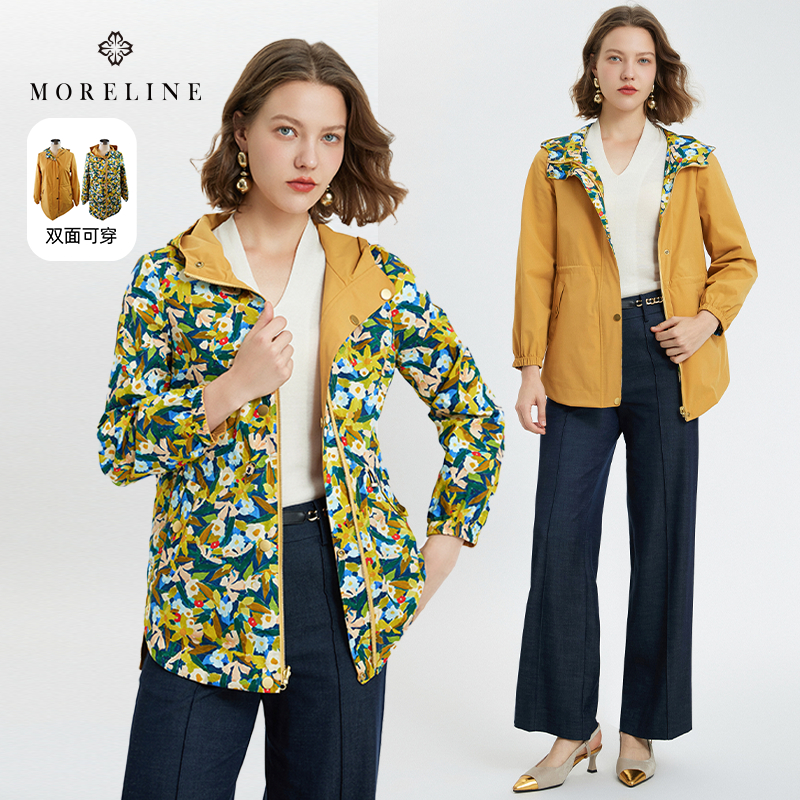 MORELINE沐兰商场同款2025年秋季新款设计感印花双面穿风衣女外套