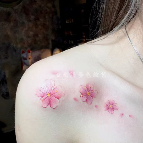 肩部樱花桃花彩色纹身贴防水持久