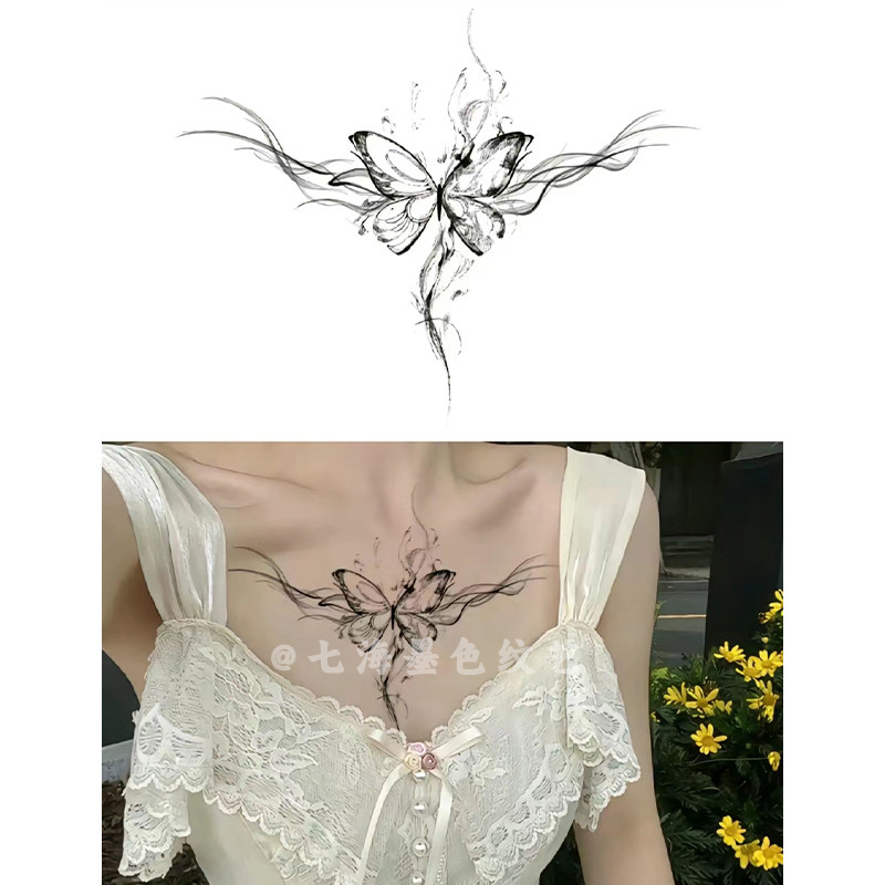 魅魔胸口前蝴蝶草本纹身贴女防水持久仿真刺青果汁半永久辣妹贴纸
