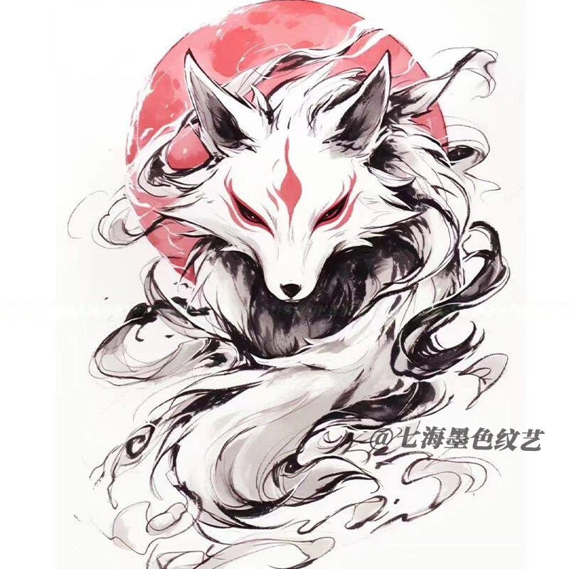 辣妹艺妓狐狸彩色纹身贴持久防水ins霸气酷潮花臂大腿可水洗贴纸