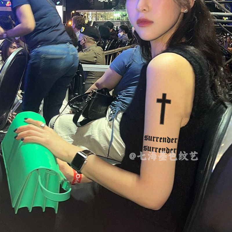欧美纹身贴草本半永久防水持久十字架英文男女不反光仿真刺青贴纸