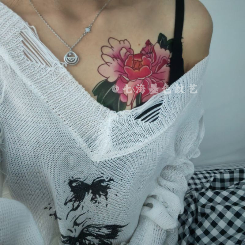 中式老传统胸前锁骨大图案遮疤痕牡丹花彩色纹身贴女防水持久贴纸
