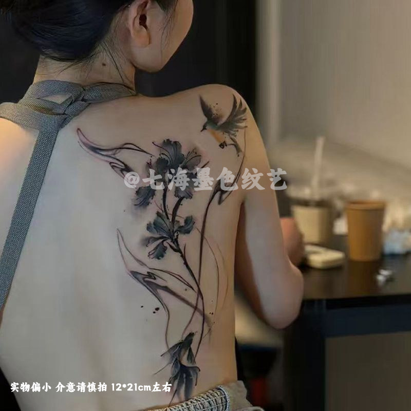 国风鸢尾花彩色纹身贴女防水持久遮盖疤痕纯欲风后背大腿部大面积