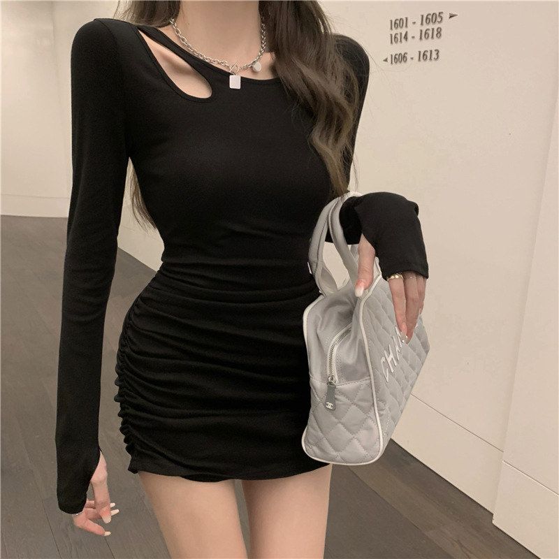 性感镂空黑色长袖连衣裙女秋季