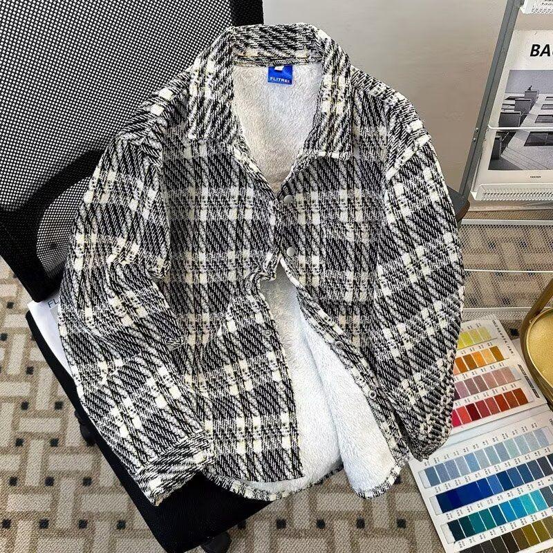 小香风毛呢格子衬衫外套男士冬季加绒加厚高级感格纹翻领宽松夹克