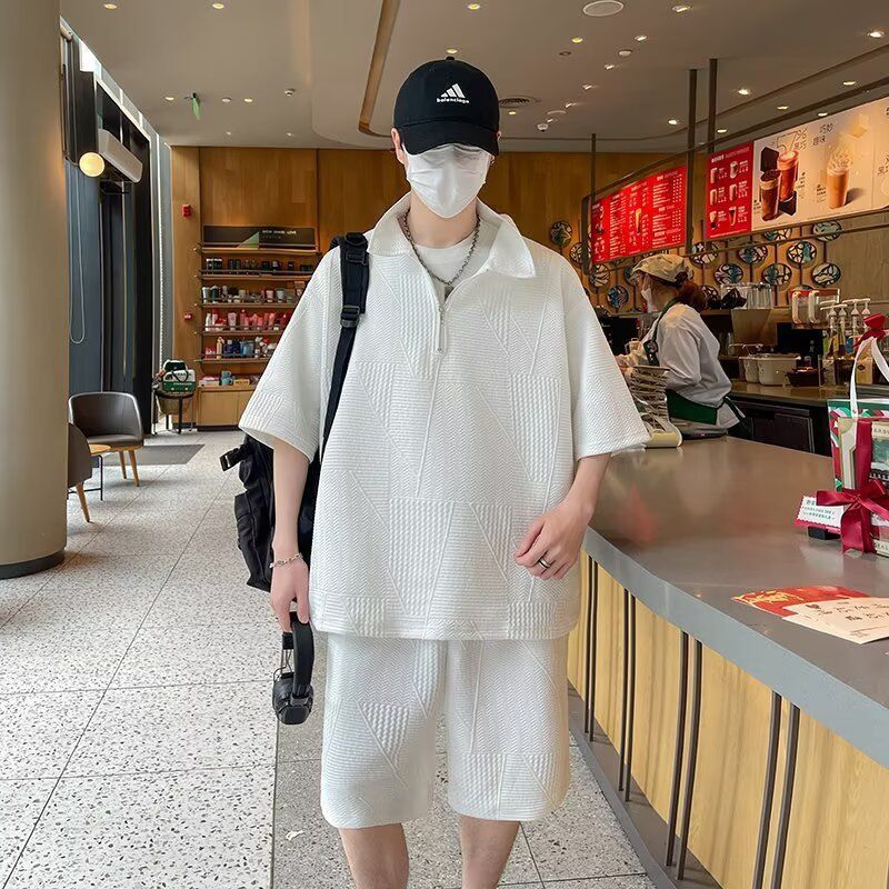 夏季大码潮牌提花翻领半拉链POLO衫男宽松潮流痞帅薄款运动两件套