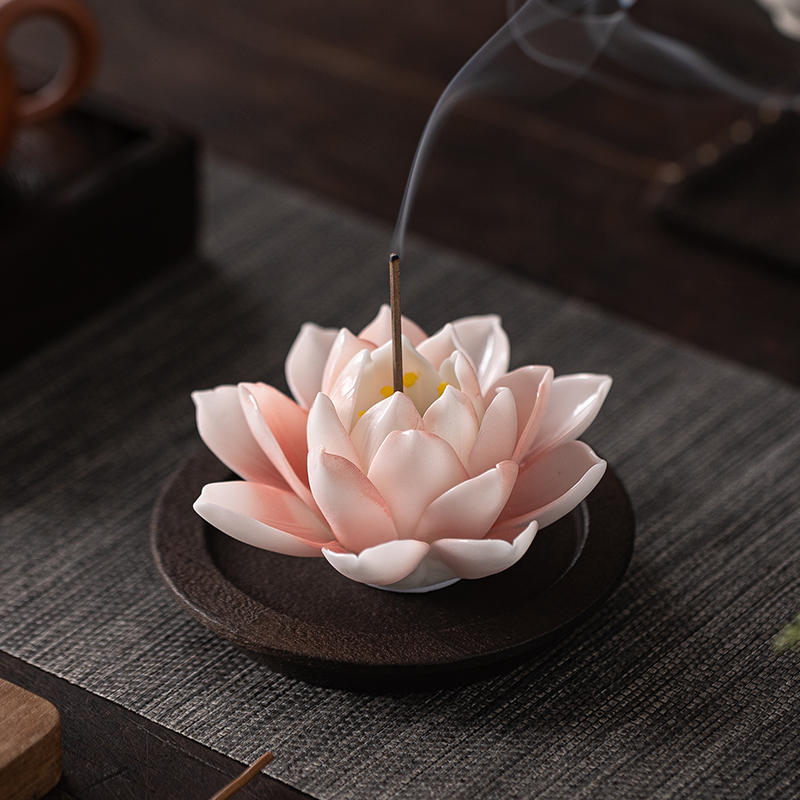 纯手工陶瓷莲花线香香炉送女友雪莲香插摆件中式茶桌家用室内香座
