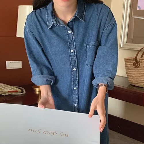 女长袖翻领chic简约衬衫裙连衣裙韩国宽松长款休闲秋季牛仔单排扣