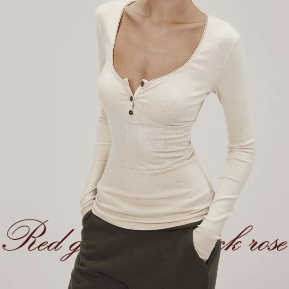 2024AW秋季新款蕾丝V领拼接长袖T恤百搭修身显瘦绣花辣妹上衣