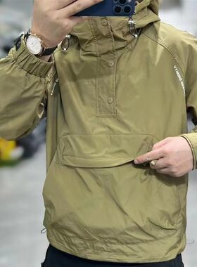 春秋季男士工装大兜冲锋衣连帽夹克青年纯色套头上衣休闲外套潮
