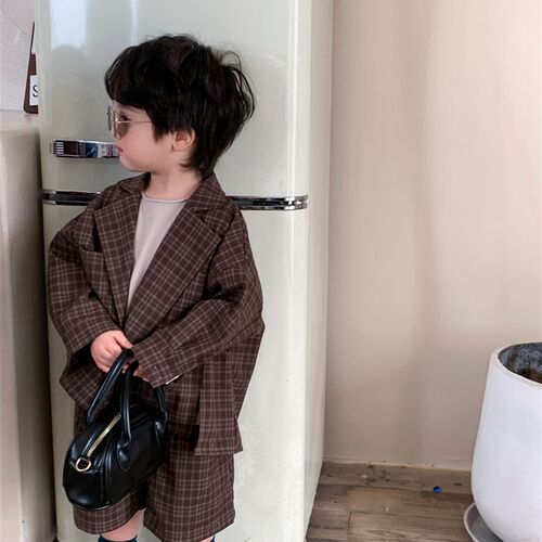 暮晨家新款春装2023男童棉麻格子西装女宝宝森系复古短裤两件套装