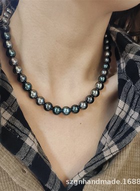 大溪地黑蝶贝莫兰迪色混彩珠串仿珍珠正圆秋冬毛衣链轻奢小众