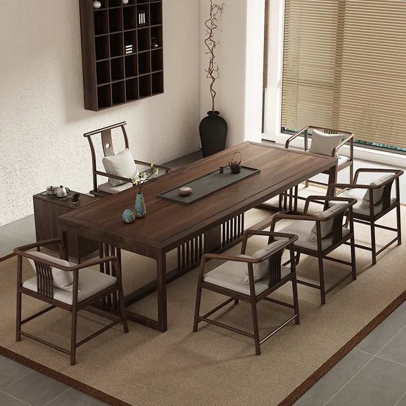 胡桃木新中式实木茶桌椅组合原木大板茶台办公室中古禅意泡茶几桌