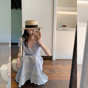 金苏一 蓝色刺绣连衣裙女2025夏季韩版收腰显瘦花边过膝短袖长裙
