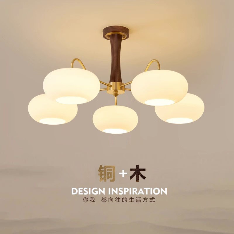 中古吊灯客厅主灯日式奶油风全铜胡桃木复古卧室餐厅灯北欧柿子灯