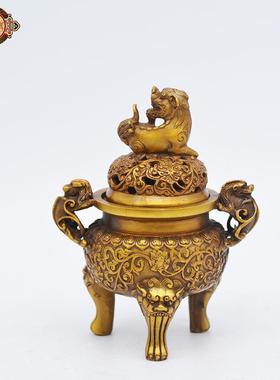 宏达铜器 仿古狮子二龙戏珠熏香炉地摊文玩摆件