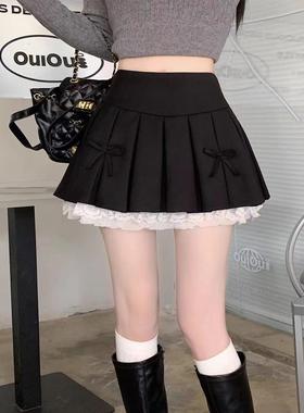 设计感百褶裙女夏灰色蕾丝花边拼接小众辣妹a字短裙2025新款半身