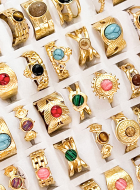 欧美新款复古戒指法式天然石不锈钢戒指组合混装戒指百搭级感