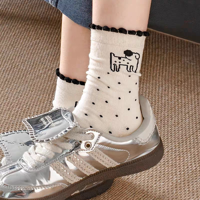 女士中筒袜子条纹小狗少女日韩风