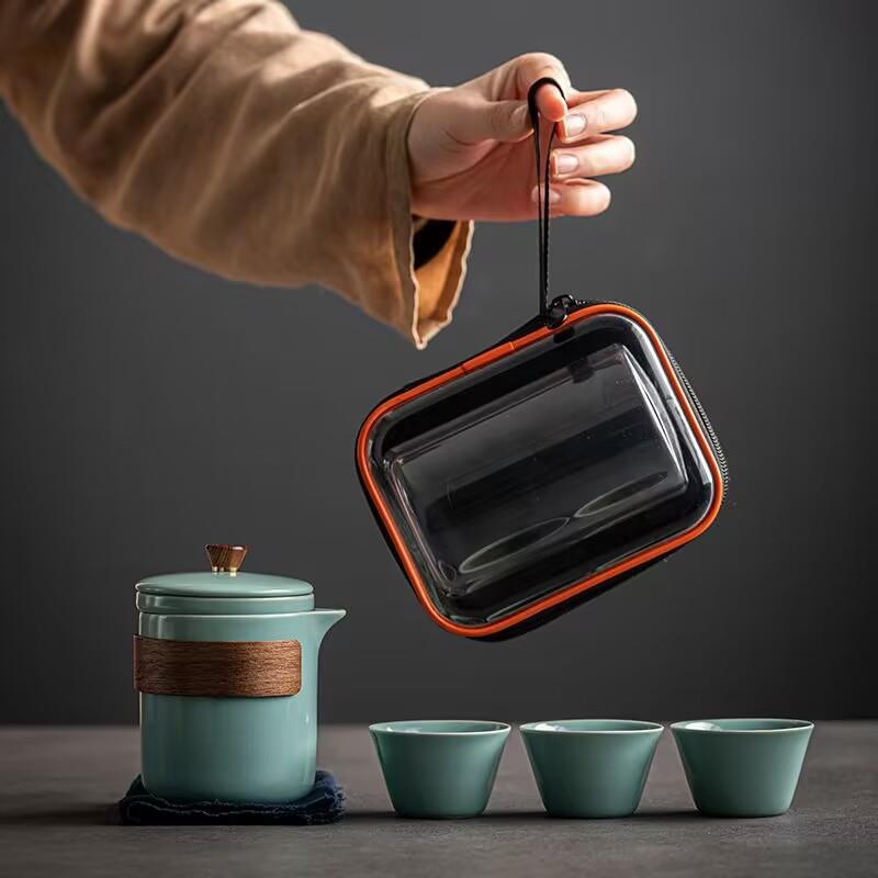 汝窑旅行茶具套装家用泡茶便携式户外露营喝茶随身快客杯一壶三杯