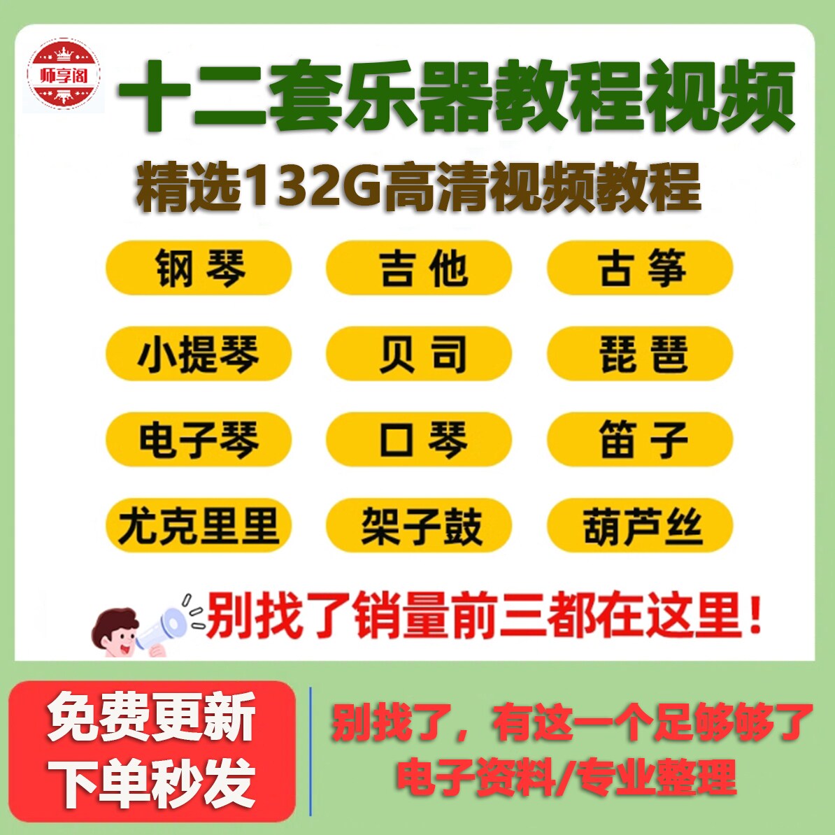 唱歌钢琴电子琴吉他架子鼓琵琶古筝口琴二胡12种自学视频教程课程