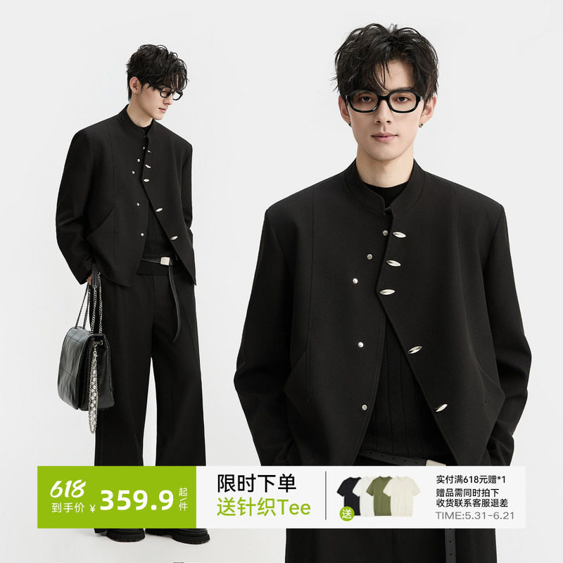 {新中式国风小立领}男装设计感夹克男订婚中山装结婚衣服春秋外套