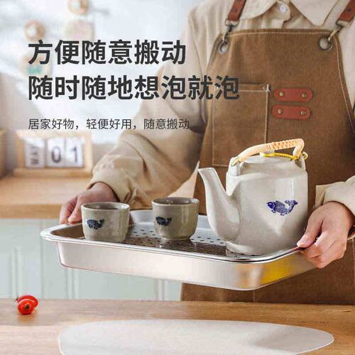 304不锈钢茶盘长方形加厚小型家用泡茶盘茶几储水沥水茶托盘套装