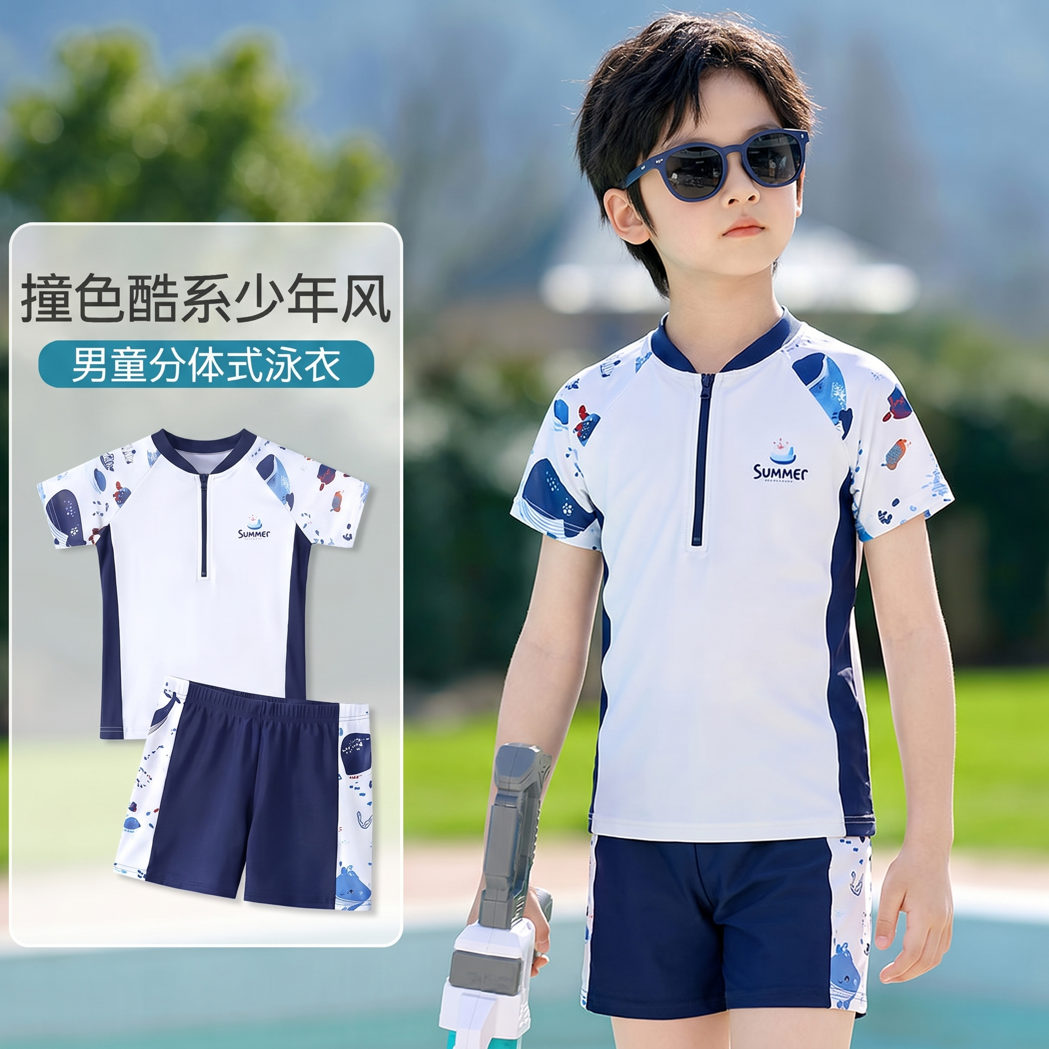 儿童泳衣男童分体防晒速干短袖套装中大童宝宝专业训练游泳衣夏季