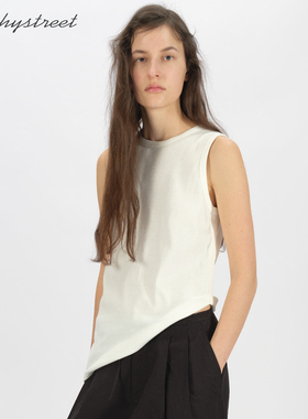 THE SHY STREET侧卷边斜摆背心 白色设计感下摆 侧腰收褶无袖上衣