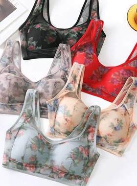 中年贵妇无痕运动内衣网纱透明印花背心全罩杯固定肩带无钢圈文胸