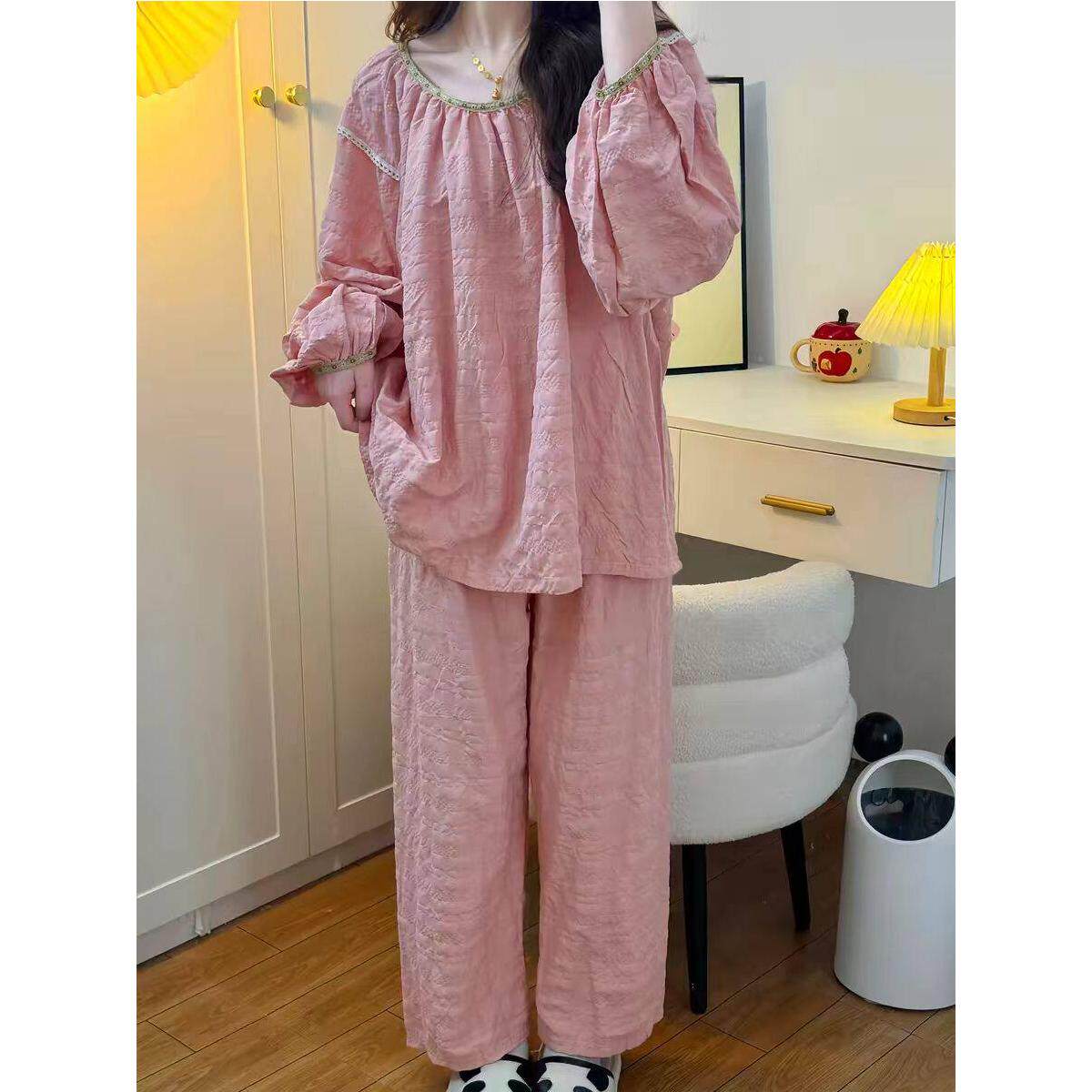 新中式粉色纯棉睡衣女款2025新款夏季长袖可外穿家居服套装春秋款