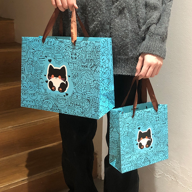 复古蓝色手绘猫猫礼品袋服装店加厚手提袋节日礼物袋包装袋纸袋子
